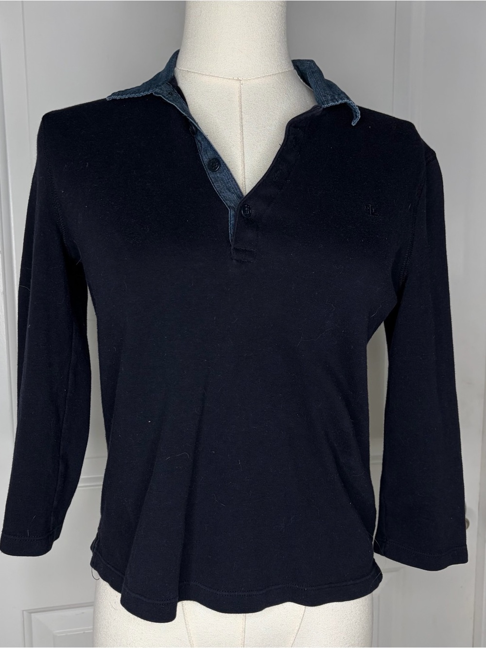 Lauren Ralph Lauren Navy Denim Accent Quarter Sleeve Shirt Size S Office Casual